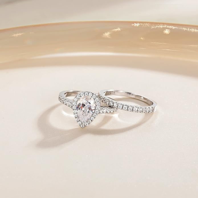 1.5CT Teardrop Halo Cubic Zirconia Ring Set