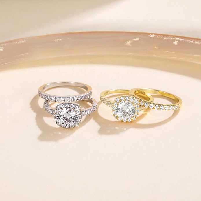 1.25CT 925 Sterling Silver Bridal Round Halo Cubic Zirconia Ring Set