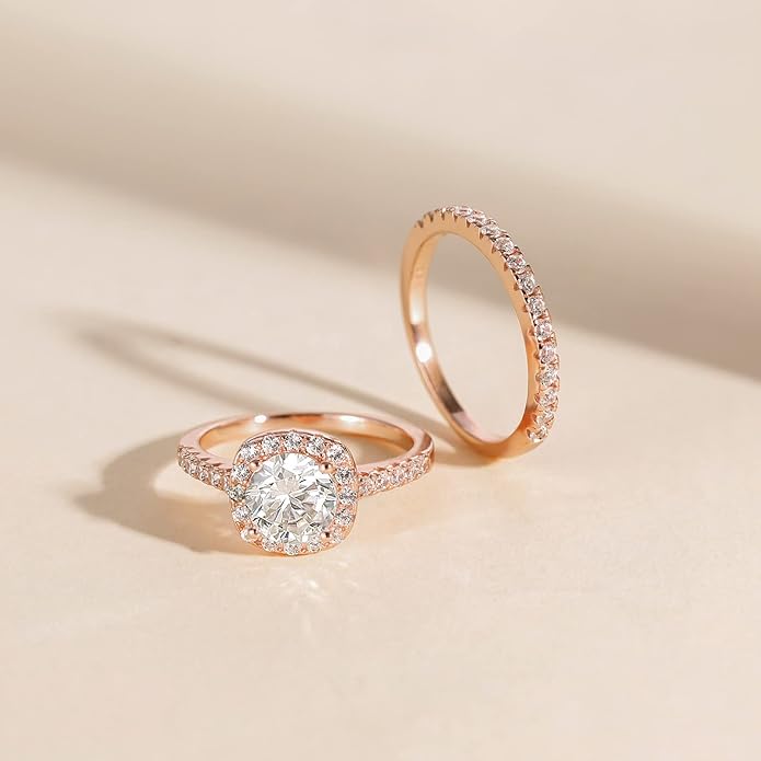 1.25CT 925 Sterling Silver Bridal Round Halo Cubic Zirconia Ring Set