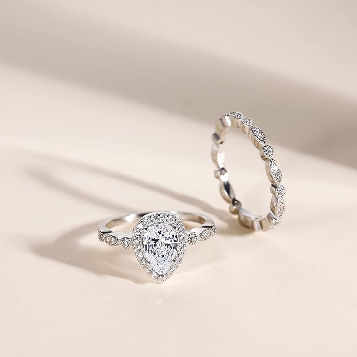 1.5 Carat 925 Sterling Silver Wedding Teardrop Bridal Ring Set