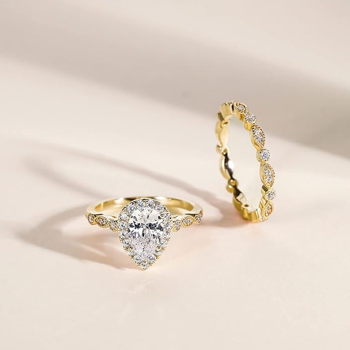 1.5 Carat 925 Sterling Silver Wedding Teardrop Bridal Ring Set