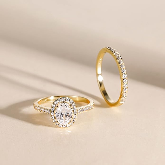 1.5CT 925 Sterling Silver Brilliant Oval Cubic Zirconia Promise Ring Set