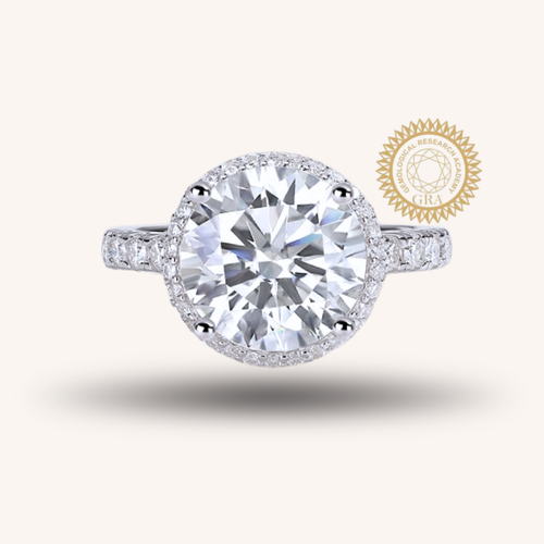 5 Carat Round Cut Moissanite Engagement Ring for Women – Halo Design with 74 Side Stones, Sterling Silver with 18K White Gold Plating