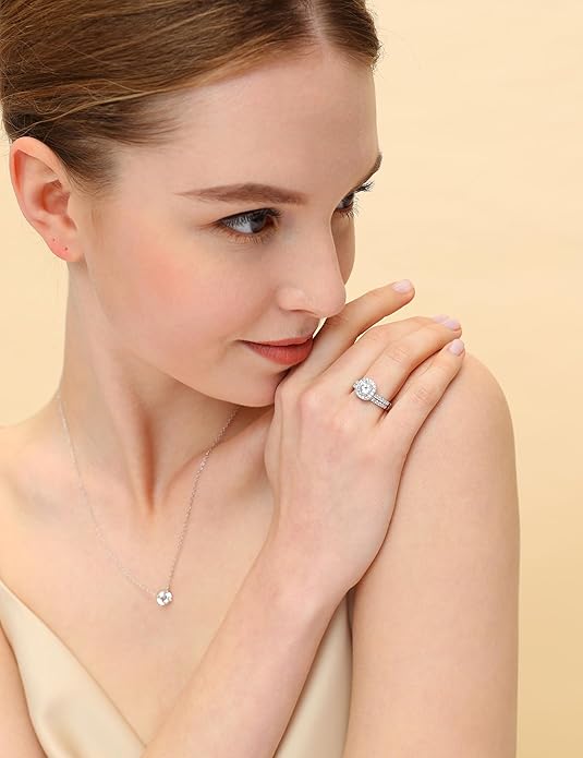 1.25CT 925 Sterling Silver Bridal Round Halo Cubic Zirconia Ring Set