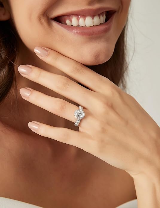 1.5CT 925 Sterling Silver Brilliant Oval Cubic Zirconia Promise Ring Set