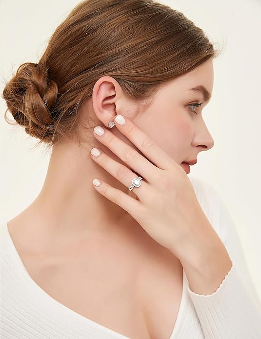 1.5CT 925 Sterling Silver Brilliant Oval Cubic Zirconia Promise Ring Set