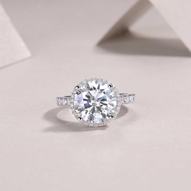 5 Carat Round Cut Moissanite Engagement Ring for Women – Halo Design with 74 Side Stones, Sterling Silver with 18K White Gold Plating