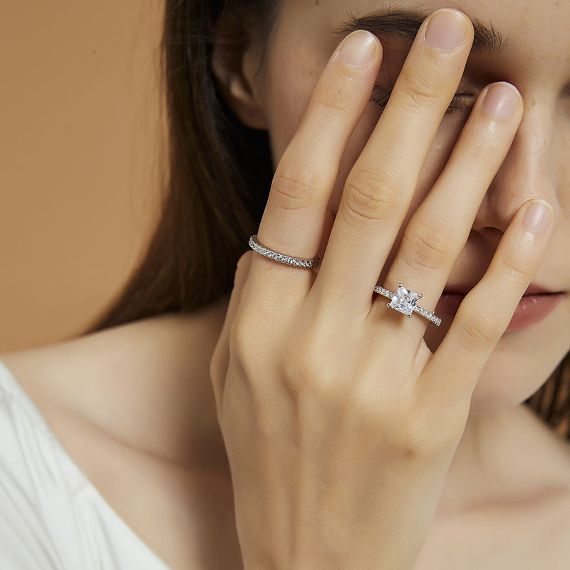 Bague de fiançailles en argent sterling 925 2 carats taille princesse
