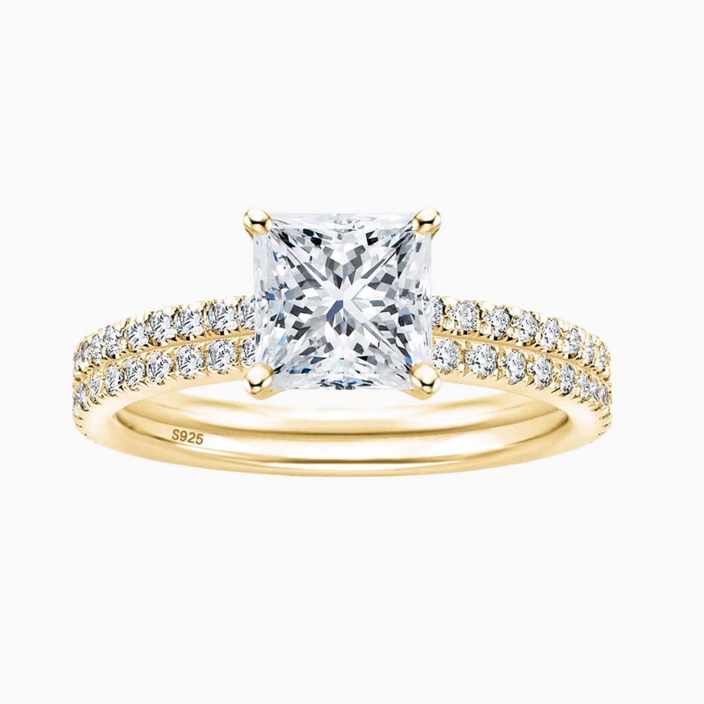 Bague de fiançailles en argent sterling 925 2 carats taille princesse