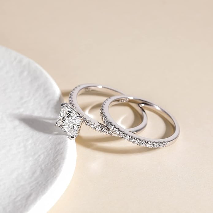 Bague de fiançailles en argent sterling 925 2 carats taille princesse