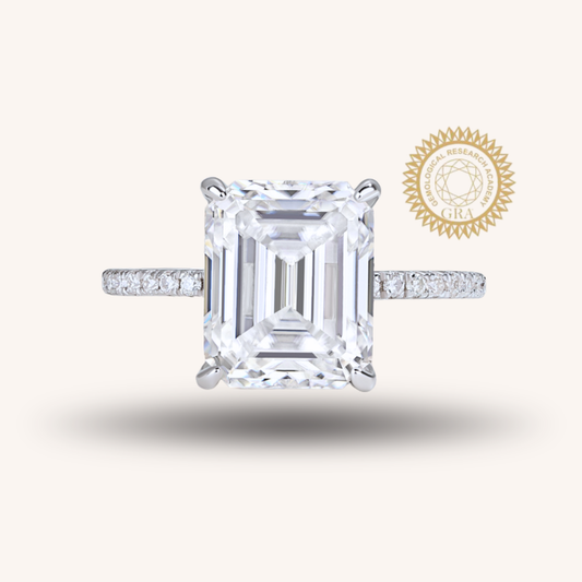 4 Carat Emerald Cut Moissanite Engagement Ring for Women – Half Coverage Classic Design, 30 Side Stones, Sterling Silver with 18K White Gold Plating