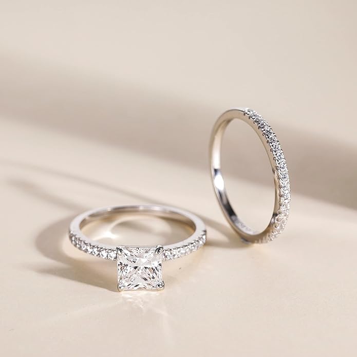 Bague de fiançailles en argent sterling 925 2 carats taille princesse