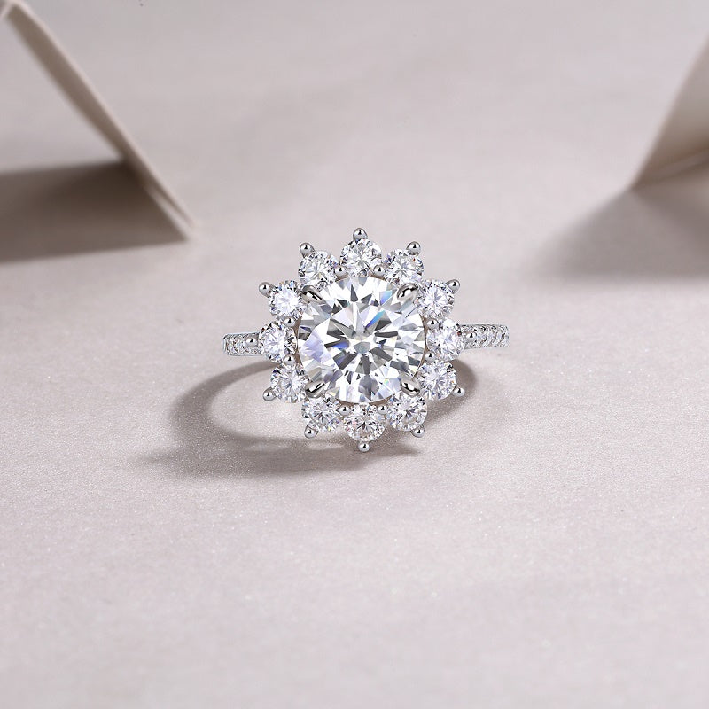 3CT Round Cut Moissanite Engagement Ring – Sunflower Halo Design, 925 Sterling Silver, Half Coverage Band, Brilliant Moissanite Stones