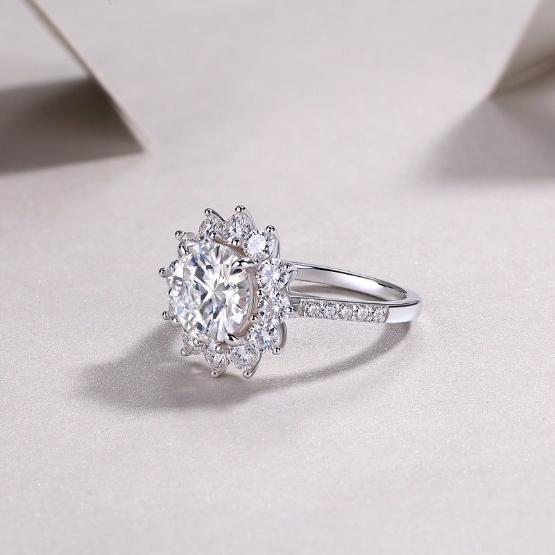 3CT Round Cut Moissanite Engagement Ring – Sunflower Halo Design, 925 Sterling Silver, Half Coverage Band, Brilliant Moissanite Stones