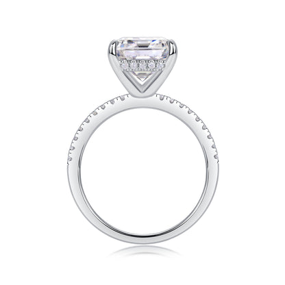 4 Carat Emerald Cut Moissanite Engagement Ring for Women – Half Coverage Classic Design, 30 Side Stones, Sterling Silver with 18K White Gold Plating