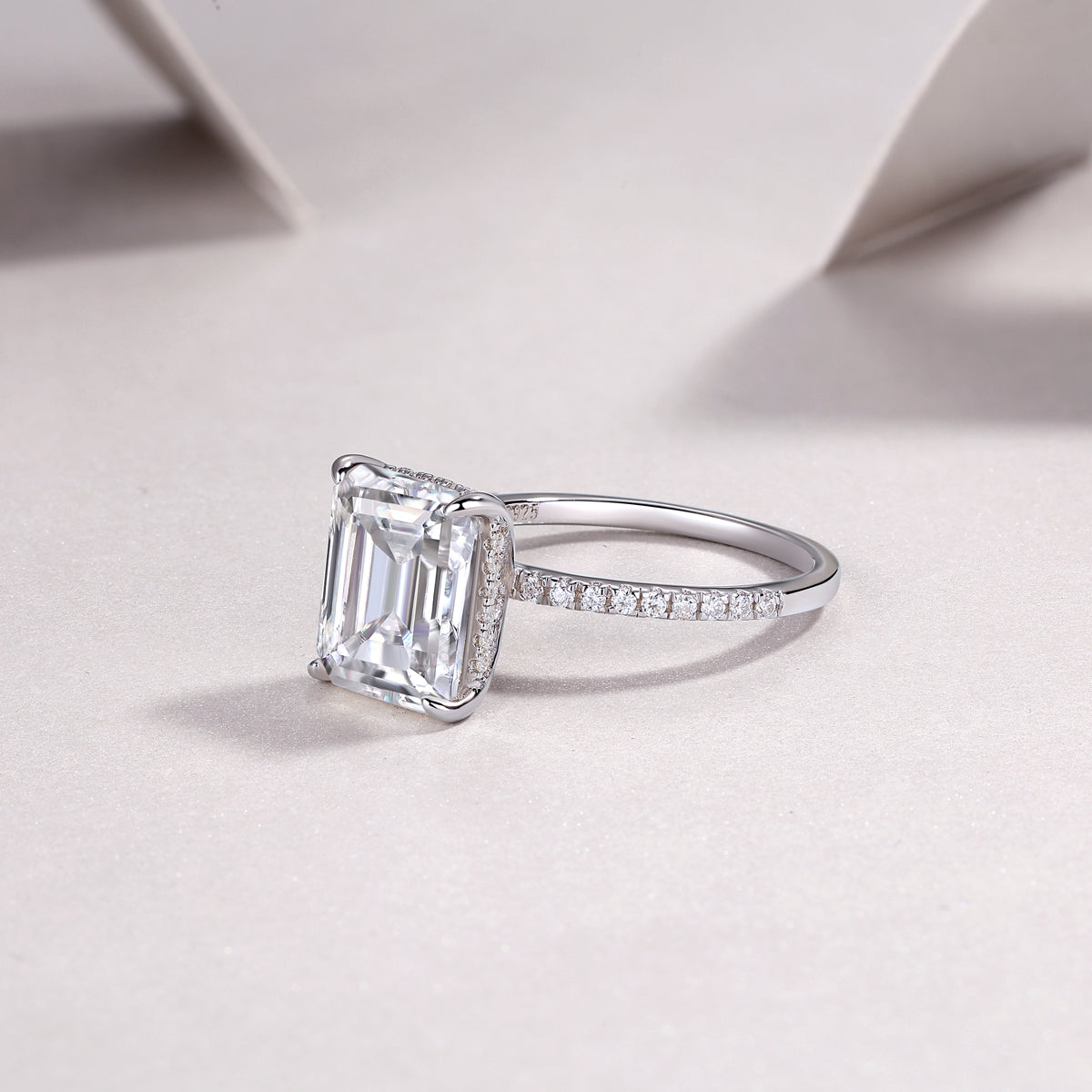 4 Carat Emerald Cut Moissanite Engagement Ring for Women – Half Coverage Classic Design, 30 Side Stones, Sterling Silver with 18K White Gold Plating
