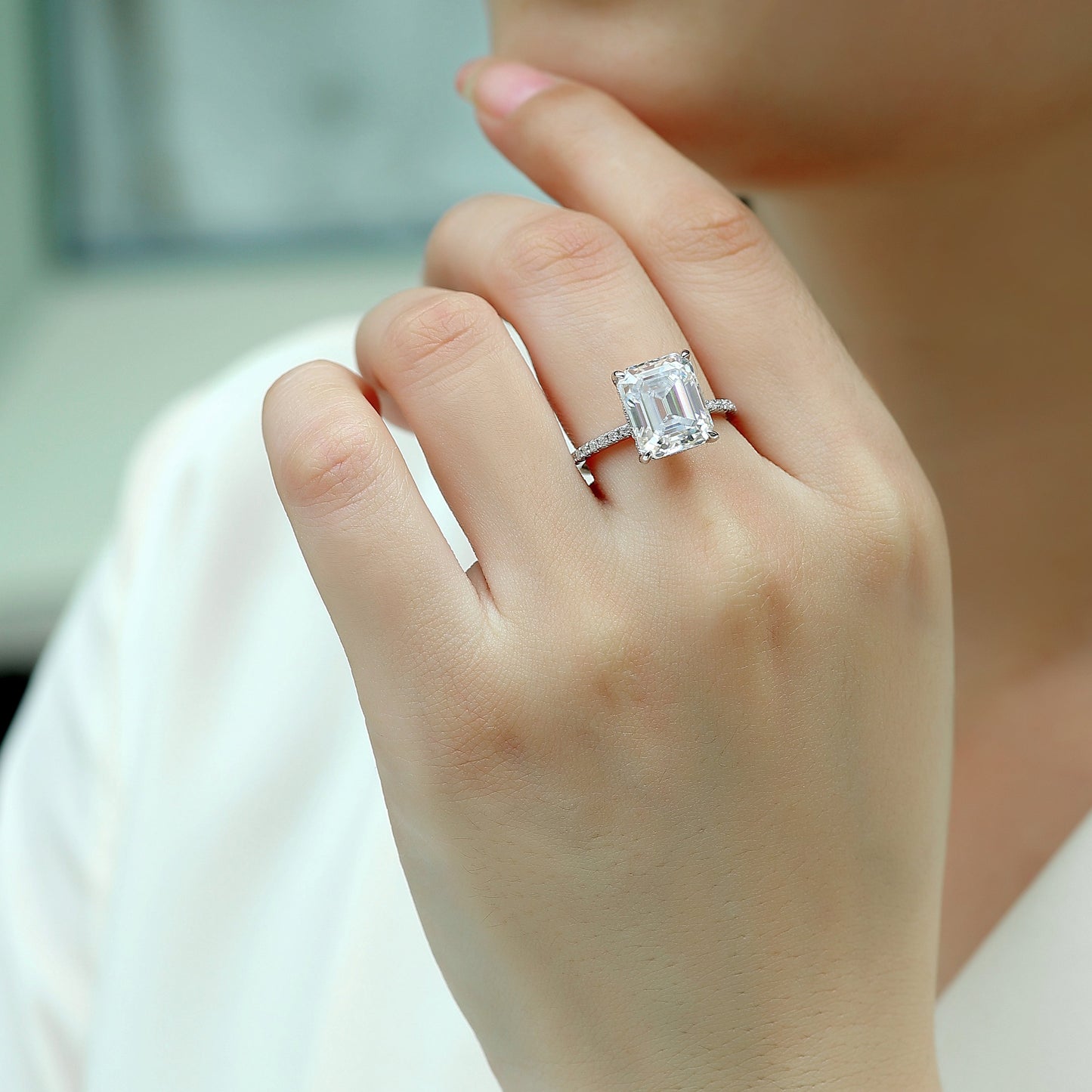 4 Carat Emerald Cut Moissanite Engagement Ring for Women – Half Coverage Classic Design, 30 Side Stones, Sterling Silver with 18K White Gold Plating