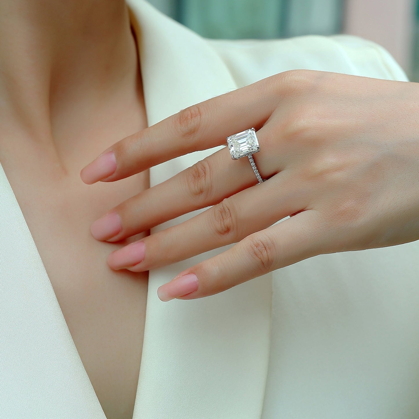 4 Carat Emerald Cut Moissanite Engagement Ring for Women – Half Coverage Classic Design, 30 Side Stones, Sterling Silver with 18K White Gold Plating