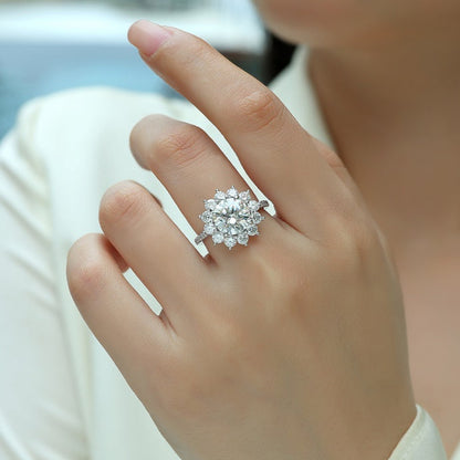 3CT Round Cut Moissanite Engagement Ring – Sunflower Halo Design, 925 Sterling Silver, Half Coverage Band, Brilliant Moissanite Stones