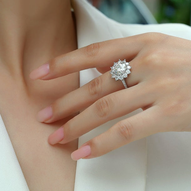 3CT Round Cut Moissanite Engagement Ring – Sunflower Halo Design, 925 Sterling Silver, Half Coverage Band, Brilliant Moissanite Stones