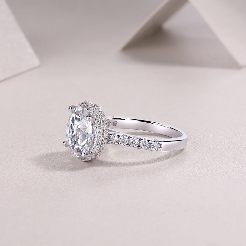 5 Carat Round Cut Moissanite Engagement Ring for Women – Halo Design with 74 Side Stones, Sterling Silver with 18K White Gold Plating