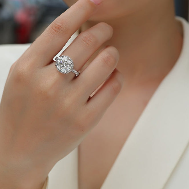 5 Carat Round Cut Moissanite Engagement Ring for Women – Halo Design with 74 Side Stones, Sterling Silver with 18K White Gold Plating